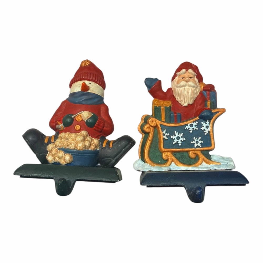 LOT of 2 Santa And Snowman Cast Iron Christmas Stocking Holder Hanger Vintage